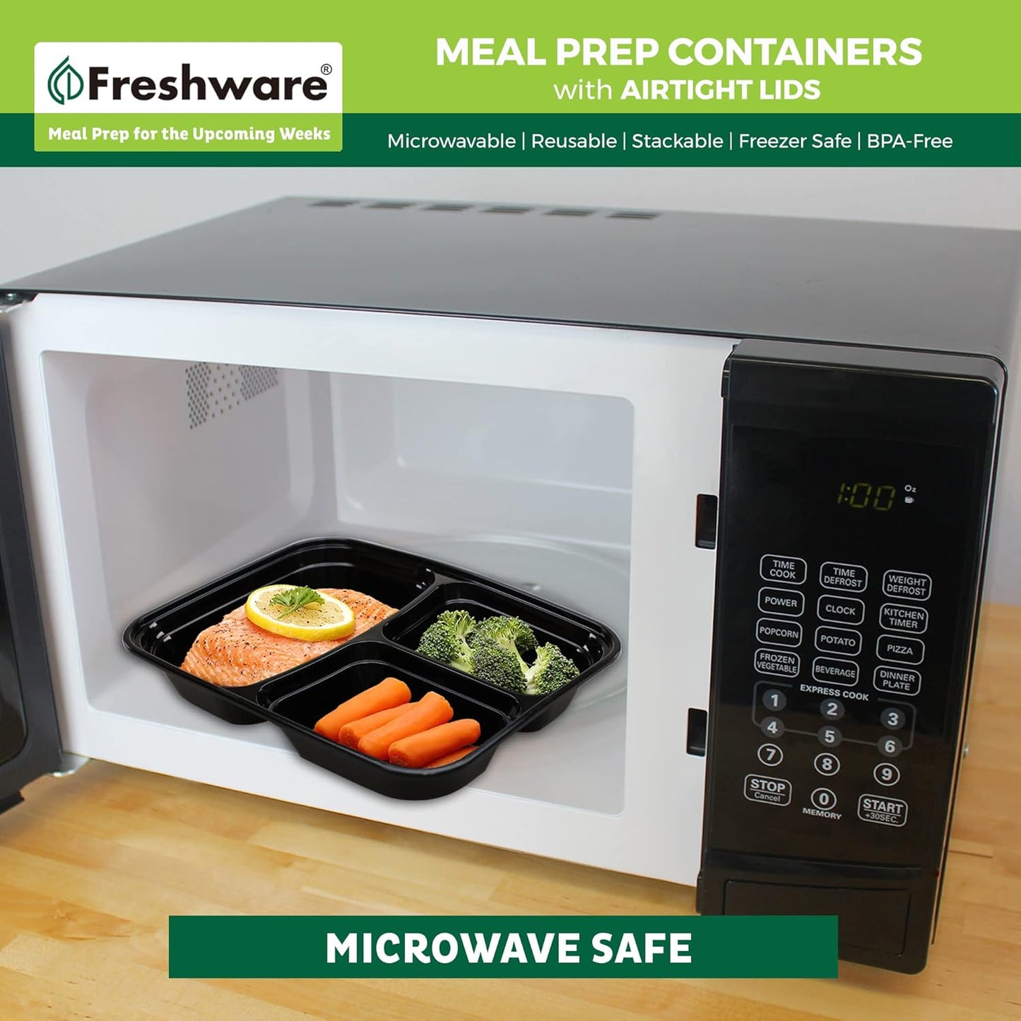 Freshware Meal Prep Containers [50 Pack] 3 Compartment Food Storage Containers with Lids, Bento Box, BPA Free, Stackable, Microwave/Dishwasher/Freezer Safe (24 oz) (Pack of 6)