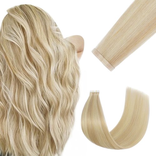 FUOTONBUTY Tape in Hair Extensions Real Human Hair Double Stitched Invisible Seamless 20pcs 50g (Balayage Golden Blonde to Light Blonde, 20 inch)