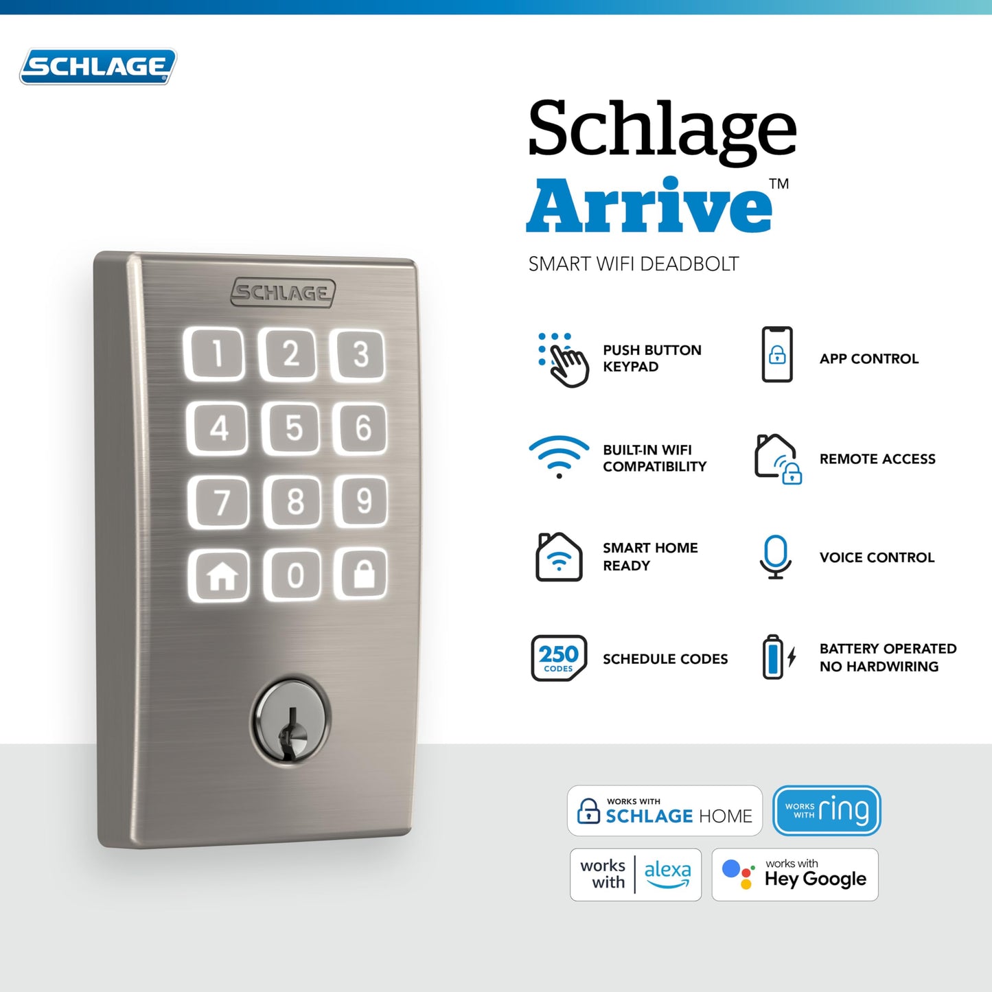 Schlage Arrive Smart Wi‑Fi Deadbolt Lock with Keypad, Keyless Entry Front Door Lock, App Control, Alexa and Google Home Compatible, Satin Nickel, BE459WB CEN 619