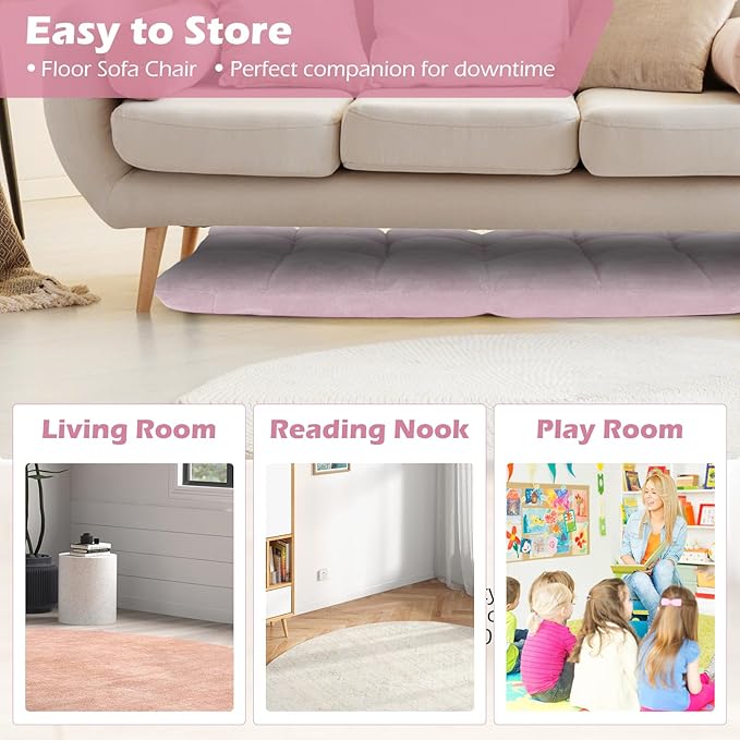 COSTWAY Floor Chair, Video Gaming Chairs with Back Support, Adjustable 14-Position, Alloy Steel Frame, Soft Coral Fleece, Lazy Sofa Lounge for Reading Living Room Recliner for Adults Kids (Light Pink)