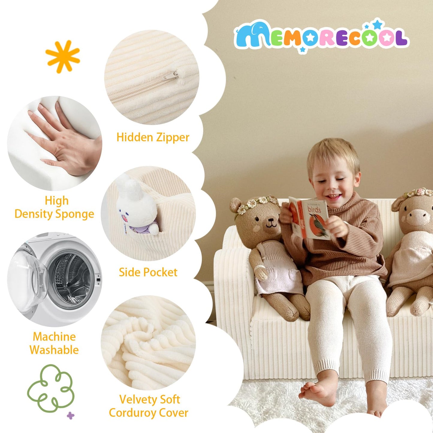 MeMoreCool Toddler Chair Comfy for 1-3 Years Old, Corduroy Kids Couch Bed Fold Out, 2-in-1 Foldable Baby Lounge Chair, Pull Out Children Sofa Bed, Beige