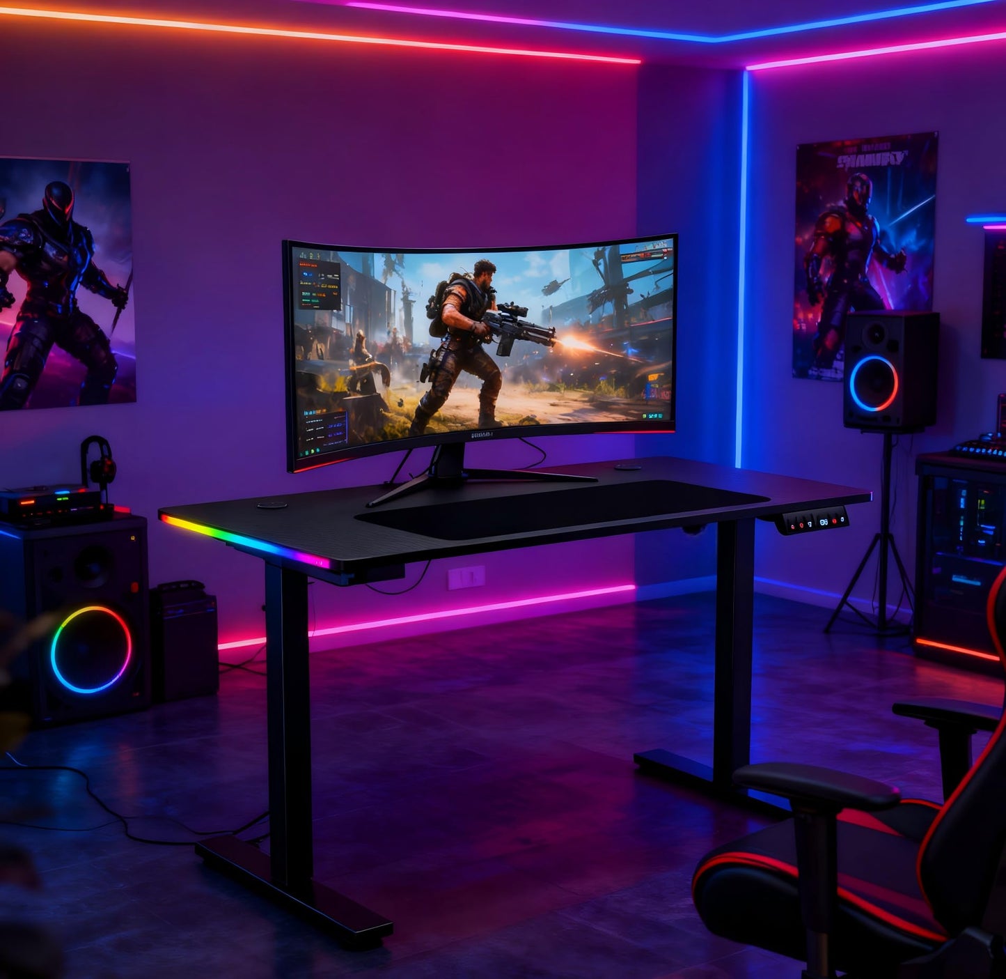 GTPLAYER Electric Standing Desk, Height Adjustable Gaming Desk - Computer Desk with LED Lights, Mouse Pad, Home Office Desk, Pure Black