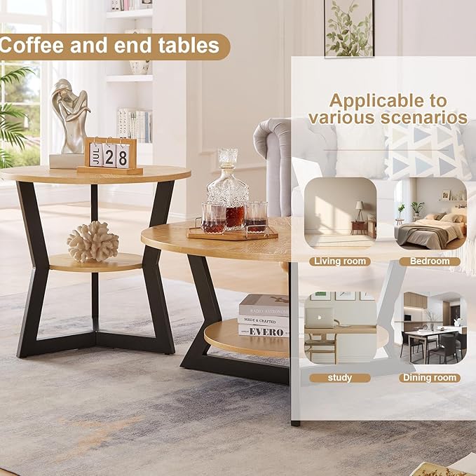 Gravilithic Round Wood Coffee Table for Living Room, 2-Tier Rustic Circle Coffee Table with Storage, 35”x 17” Real Wood Desktop with Metal Frame, Radial Pattern