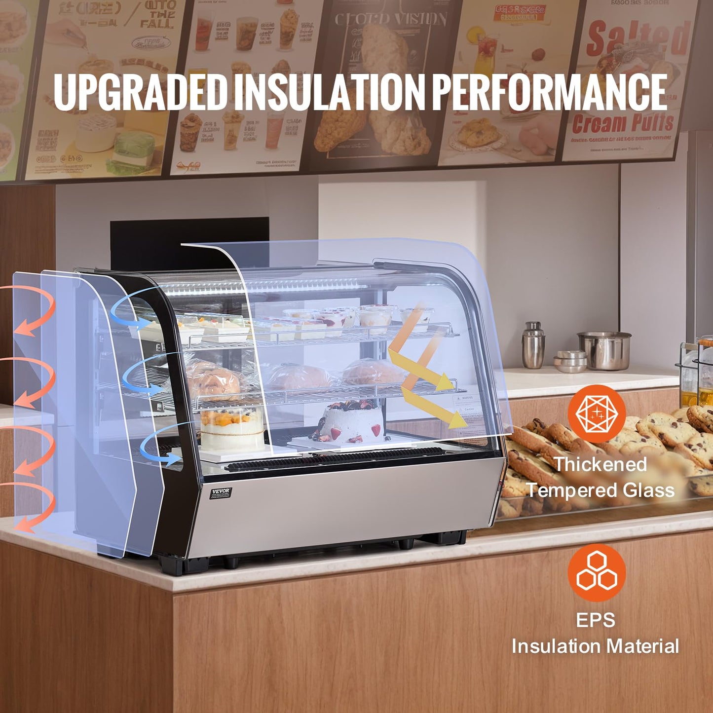 VEVOR Refrigerated Display Case, 5 Cu.Ft./146L Countertop Pastry Display Case, 2-Tier Commercial Display Refrigerator with LED Lighting, TURBO Cooling, Frost-Free Air-Cooling, for Bakery