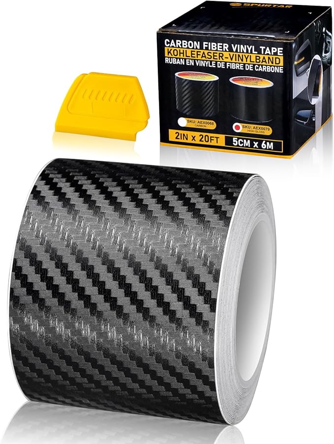 Spurtar Carbon Fiber Wrap Black Vinyl Wrap for Cars, 2 Inch x 20 ft Universal Chrome Delete Dry Carbon Fiber Tape Car Door...
