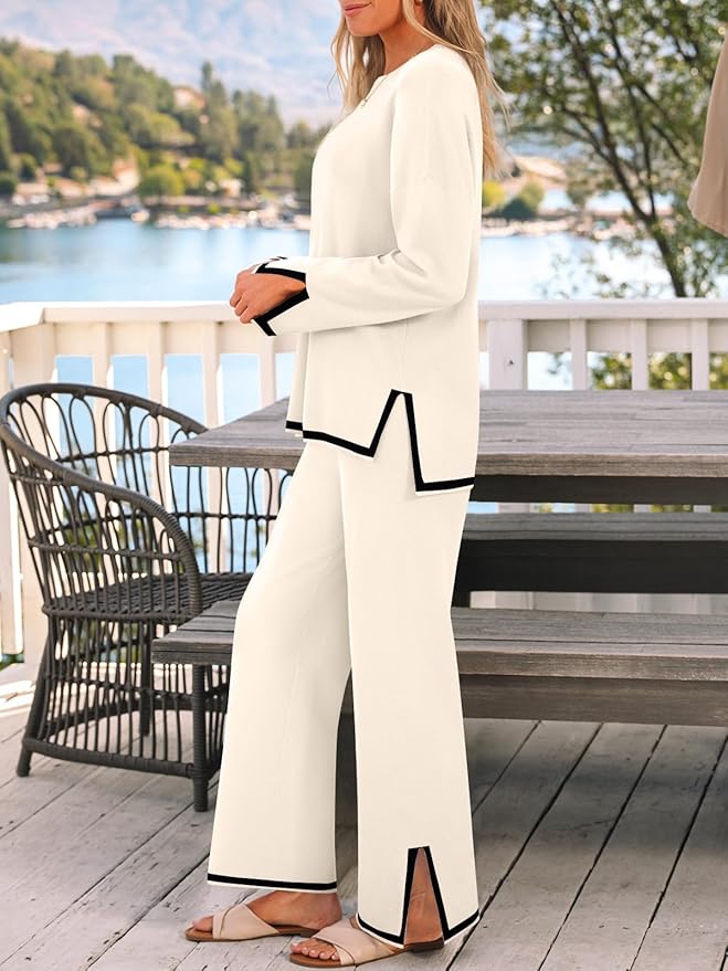 LILLUSORY Women Fall 2 Piece Lounge Set Outfits Sweatsuits Long Sleeve Sweater Tops Wide Leg Pants