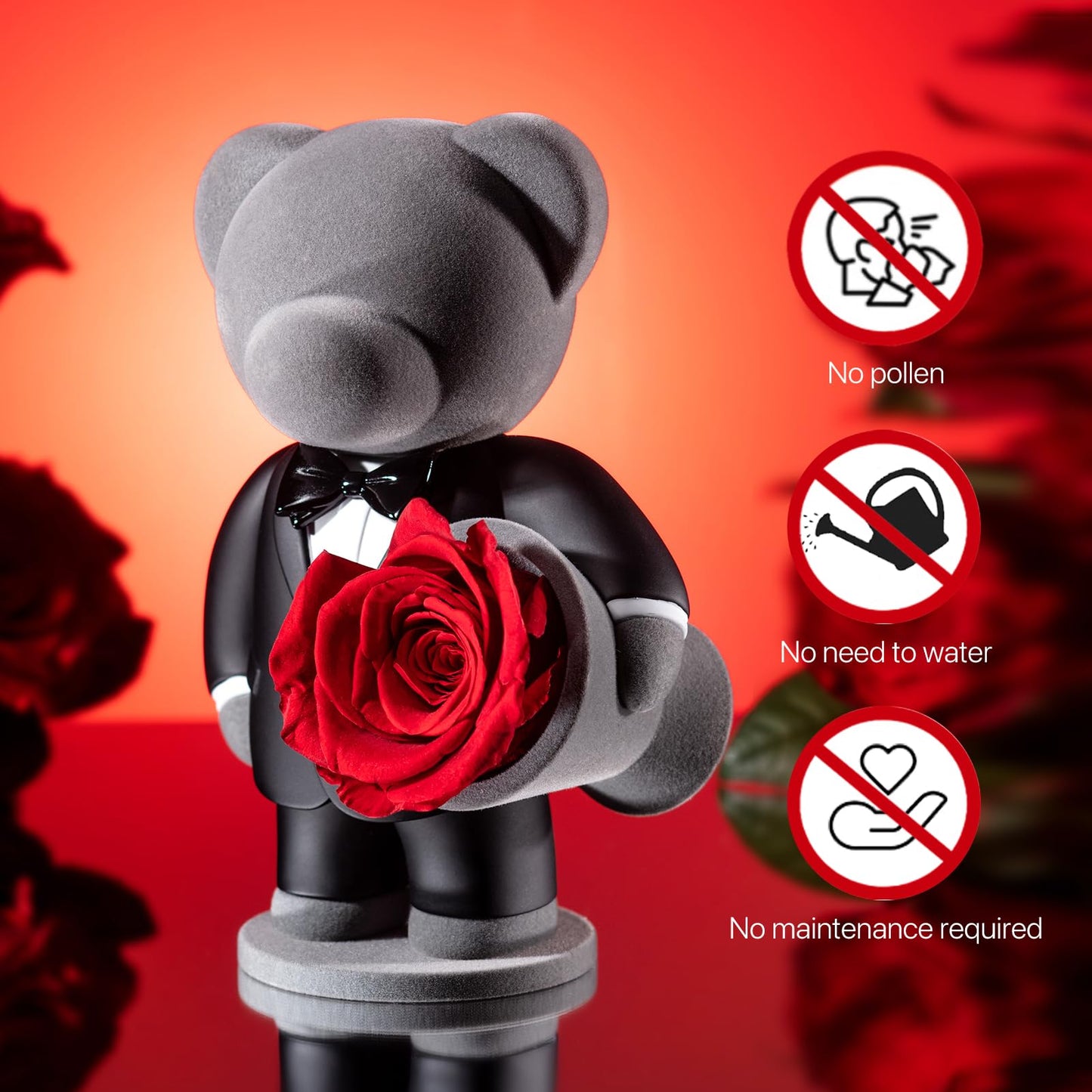 JoyFlower Preserved Flowers with Cute Teddy Bear in Suit, Unique Gentleman Bear Eternal Real Red Rose Romantic Gift with Elegant Gift Box for Girlfriend Wife Her in Valentines Birthday Anniversary