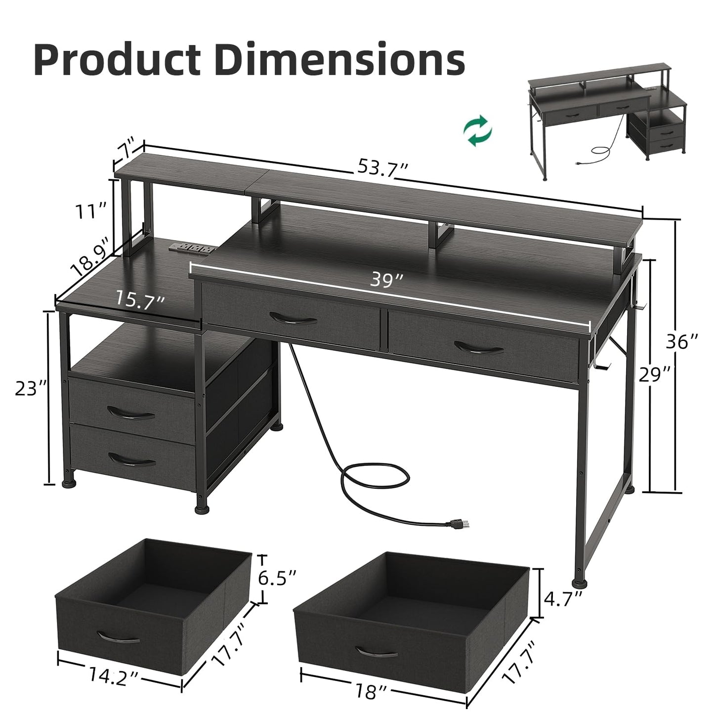 MUTUN 53" Computer Desk with 4 Drawers & Power Outlets, Reversible Home Office Desk with Monitor Stand & Printer Stand, Gaming Desk with Led Lights, Study Writing Work Desk Table for Bedroom (Black)