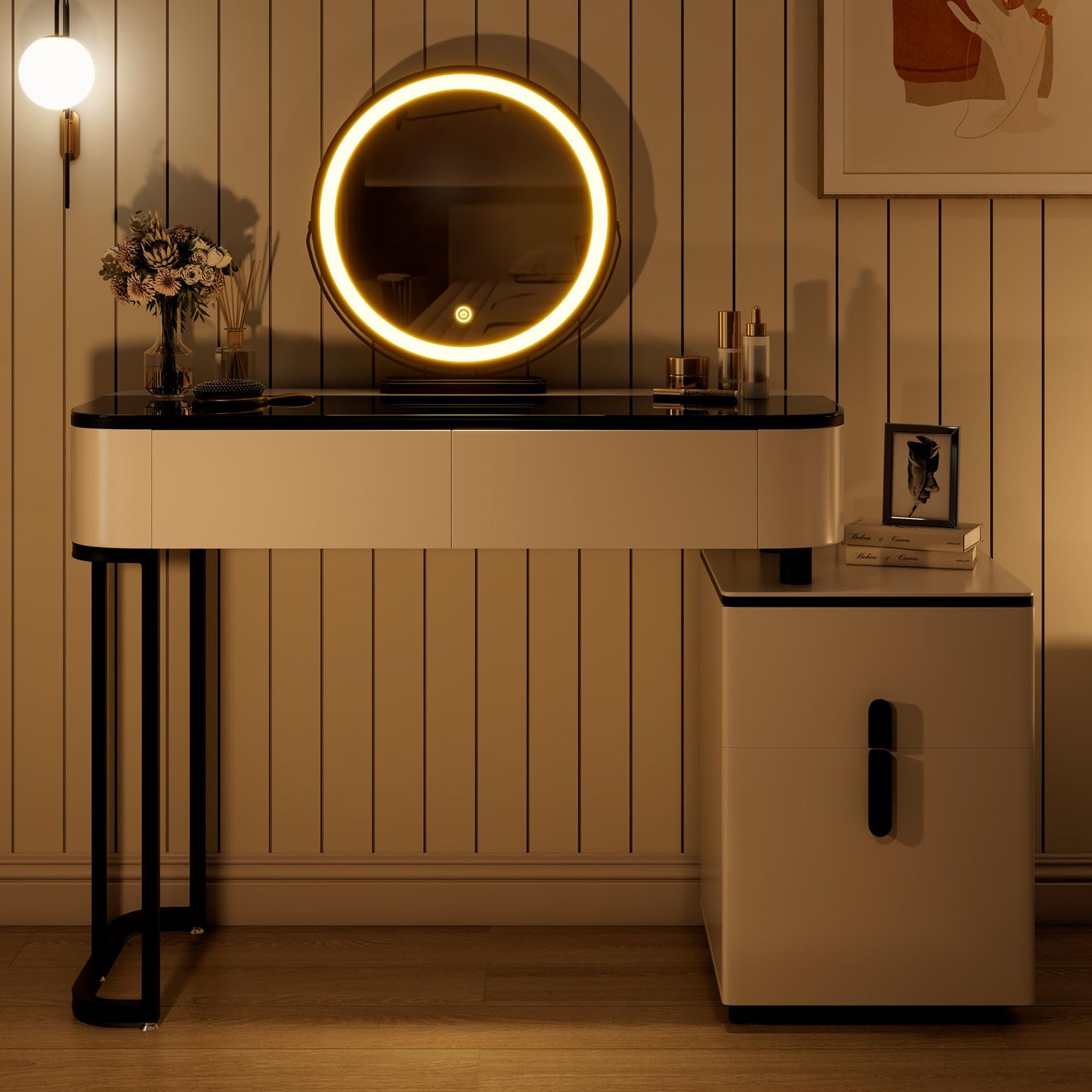 KDCAS Small Vanity Desk with Mirror and Lights| Modern Makeup Vanity Table with Adjustable Nightstand and 4 Storage Drawers| Black and White Dressing Table for Bedroom Space