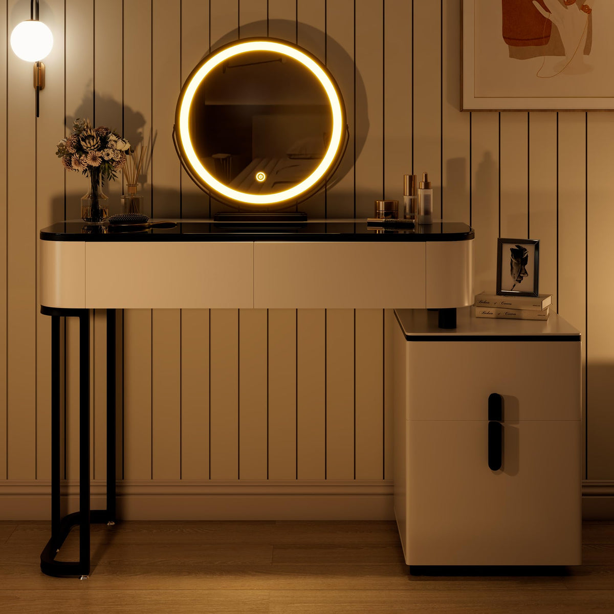 KDCAS Small Vanity Desk with Mirror and Lights| Modern Makeup Vanity Table with Adjustable Nightstand and 4 Storage Drawers| Black and White Dressing Table for Bedroom Space