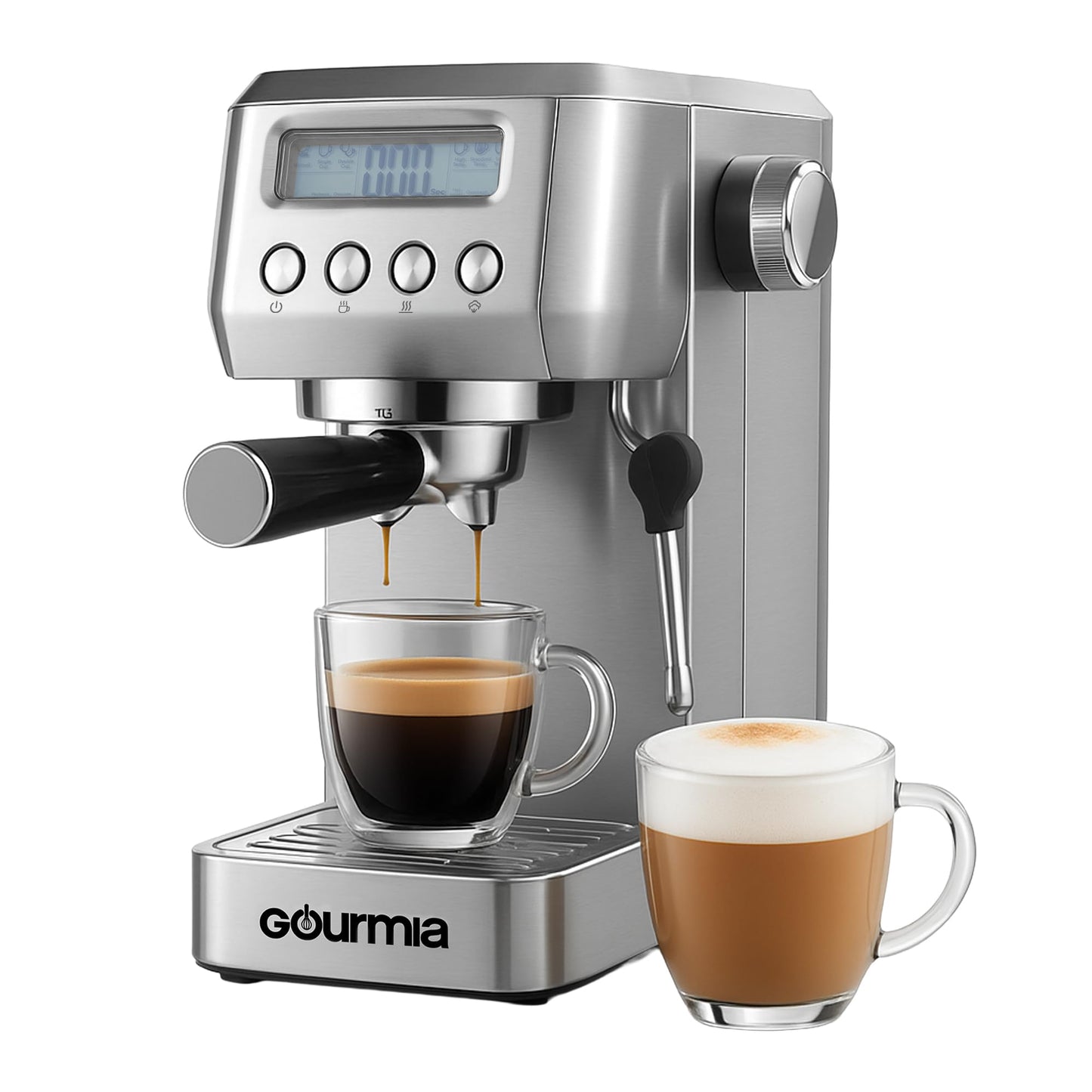 Gourmia Slim Espresso Machine – 20-Bar Pump, LCD Display, Milk Frother, Adjustable Temperature, Manual & Auto Brew for Single/Double Shots, 1350W, Stainless Steel