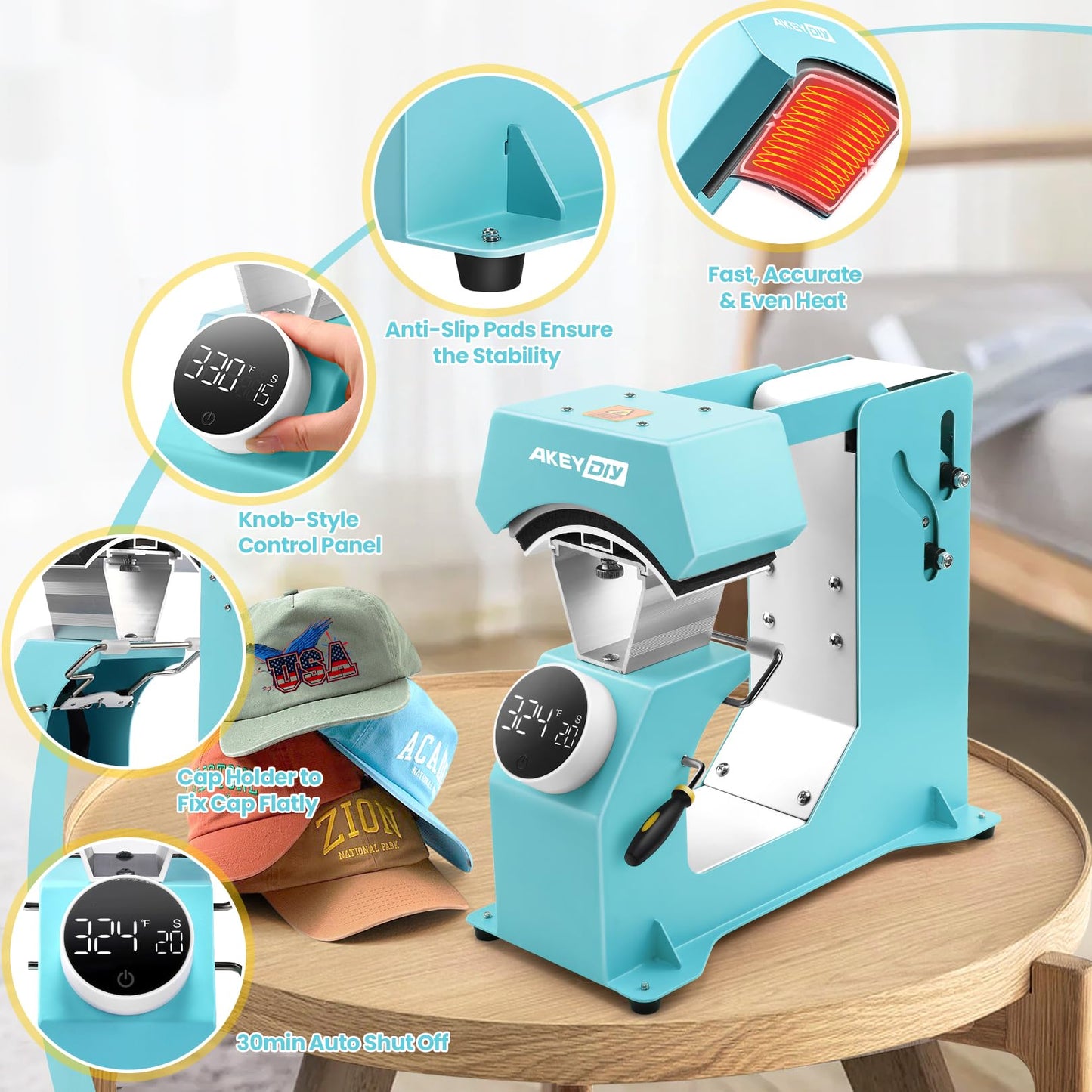 AKEYDIY 3-in-1 Auto Cap Heat Press Machine, Hat Heat Press with 3pcs Replaceable Heating Pads, Automatic Release&Press Knob-Style Digital Control Panel, DIY Sublimation Caps T-Shirts Bags