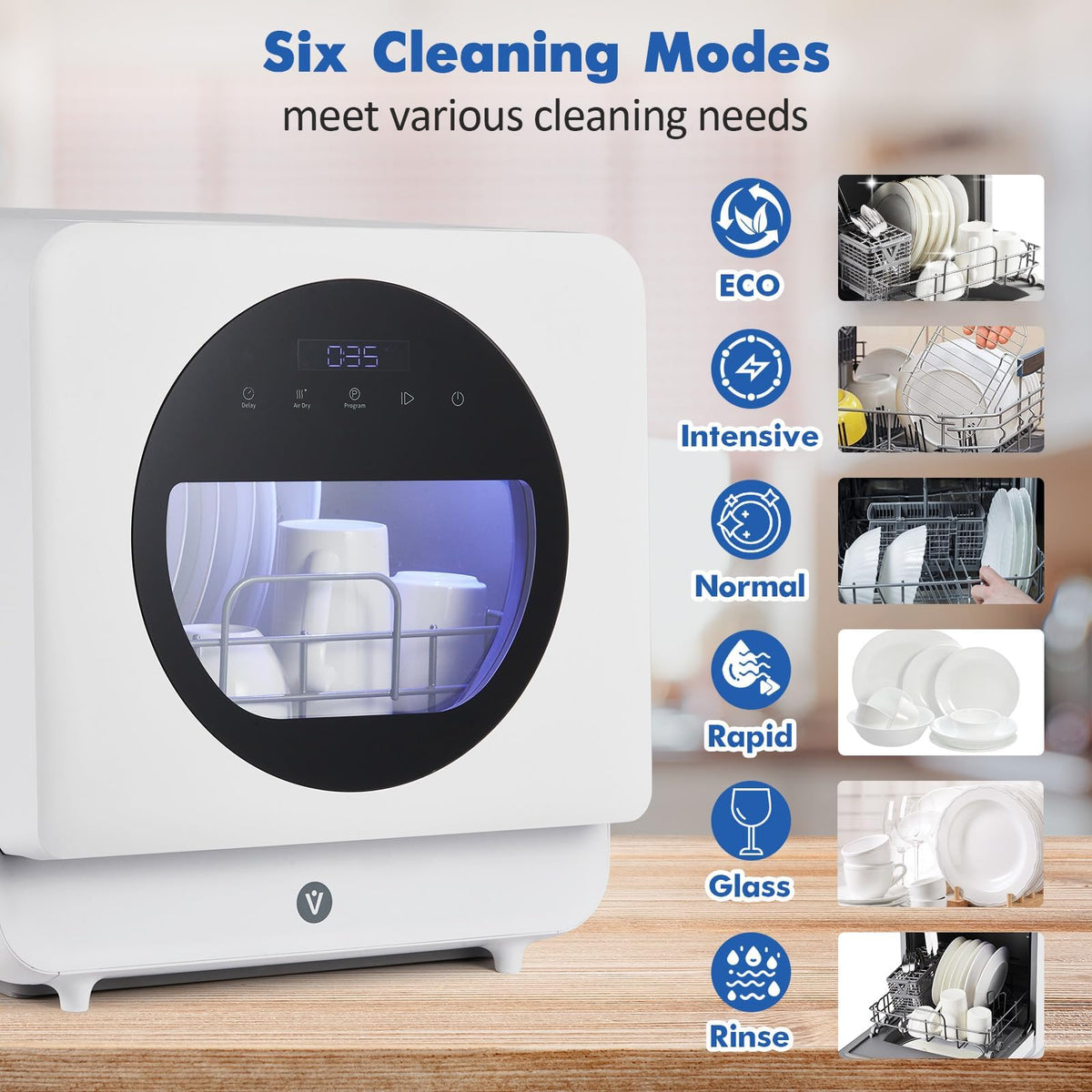TROPOW Portable Dishwasher Countertop Compact Dishwashers with 5L Built-in Water Tank, Mini Tabletop Dishwasher with 6 Modes, 162°F High-Temp, Air-Dry Function, Faucet & Self-Priming Water Inlet Modes