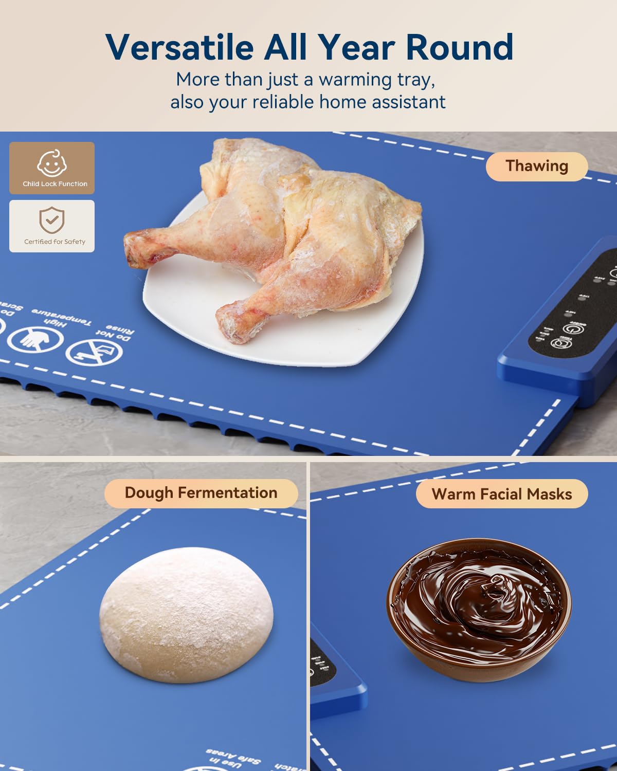Negative ion Food Warming Mat with Adjustable Temperature,Foldable Electric Warming Tray for Parties Features 3 Modes & Fast Heating,Roll Up Food Warmer for Parties,Shabbat,Christmas (Blue)