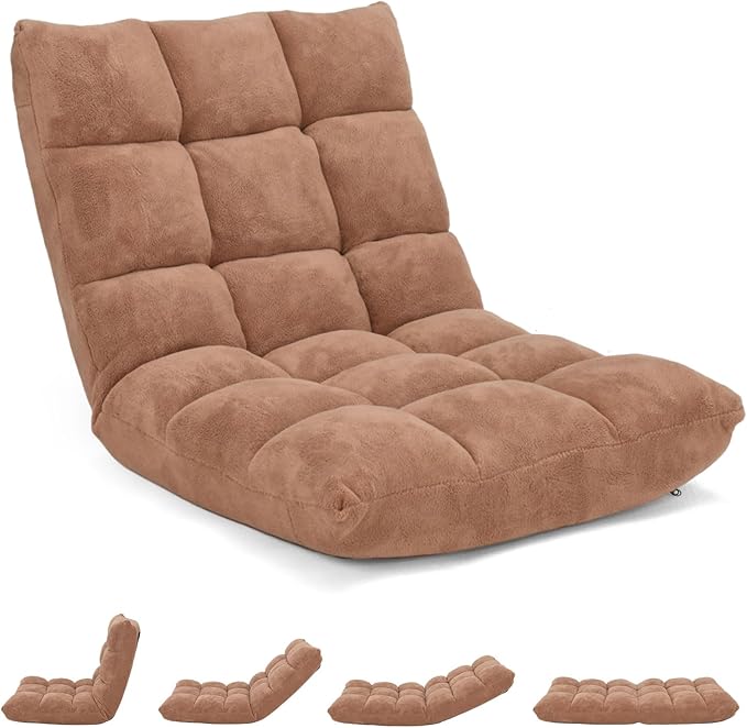 MAT EXPERT 14-Position Floor Chair, Floor Gaming Chair w/Soft Coral Fleece, Alloy Steel Frame, Padded Lazy Couch Recliner, Floor Chair with Back Support for Reading, Meditating, Playing Game (Beige)
