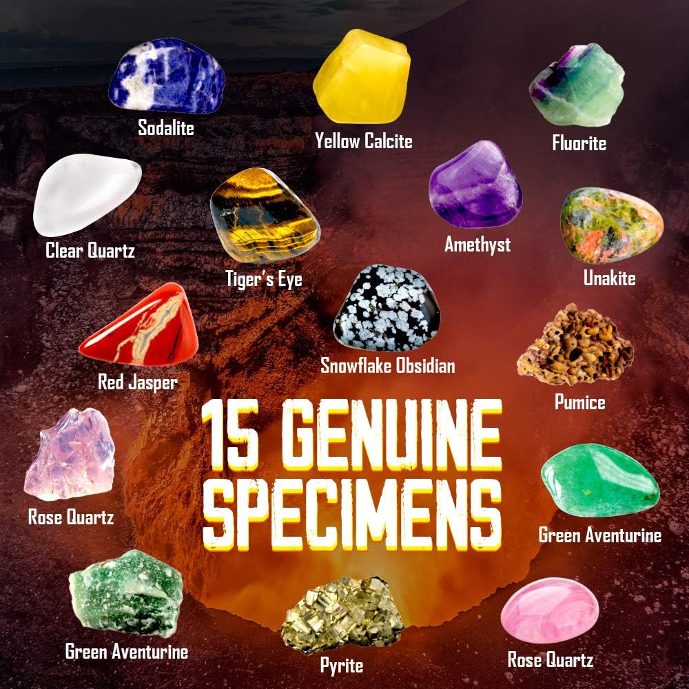 XXTOYS Rocks Collection - 15-Piece Rock Collections for Kids - Cool Geology Gem Kit with Identification Sheet - Gemstones Set Box with Learning Guide and Storage Case - Educational Gift for Kid