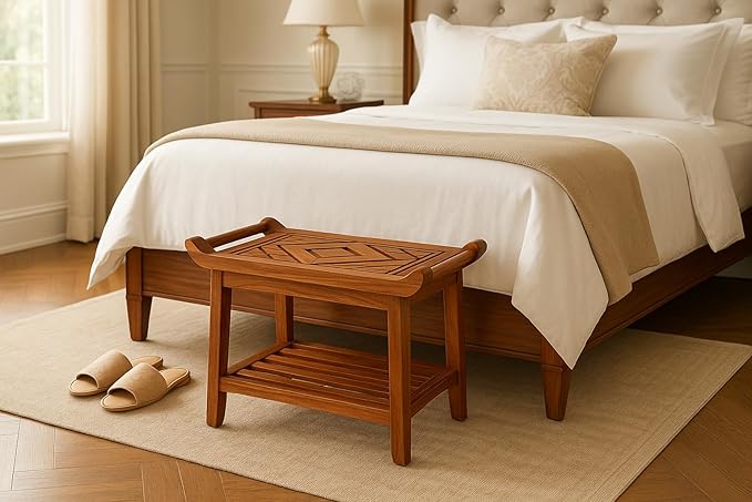 Luxury Teak Shower Bench Stool Seat Chair with Leveling Feet, Waterproof, Teak Oil Finish, Large, 25x19x14, for Bathroom, Spa, Sauna, Pool Deck, Patio, Garden, RV, from Our Diamond Collection