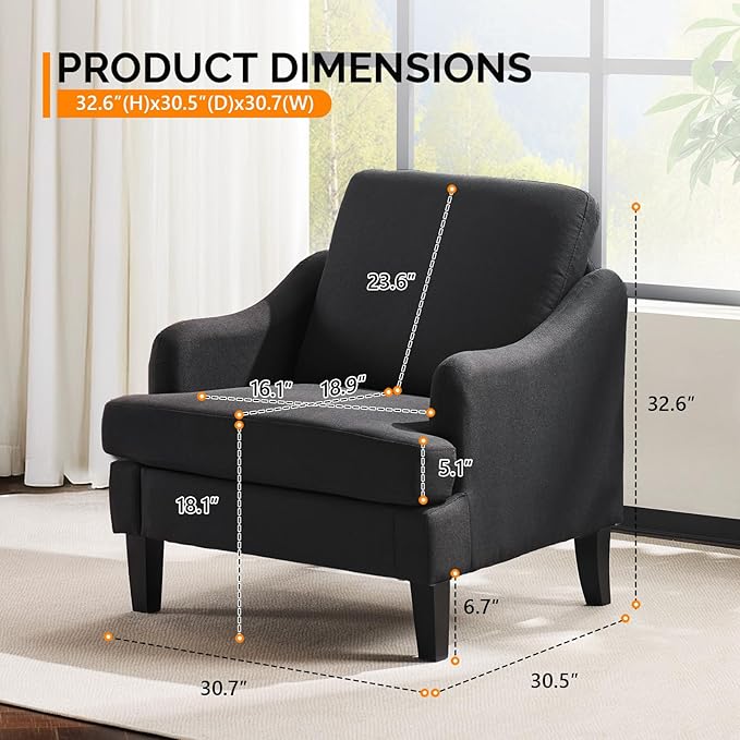 VINGLI Linen Fabric Accent Chair Black, Modern Upholstered Armchair, Comfy Sofa Chair Living Room Bedroom Furniture for Apartment