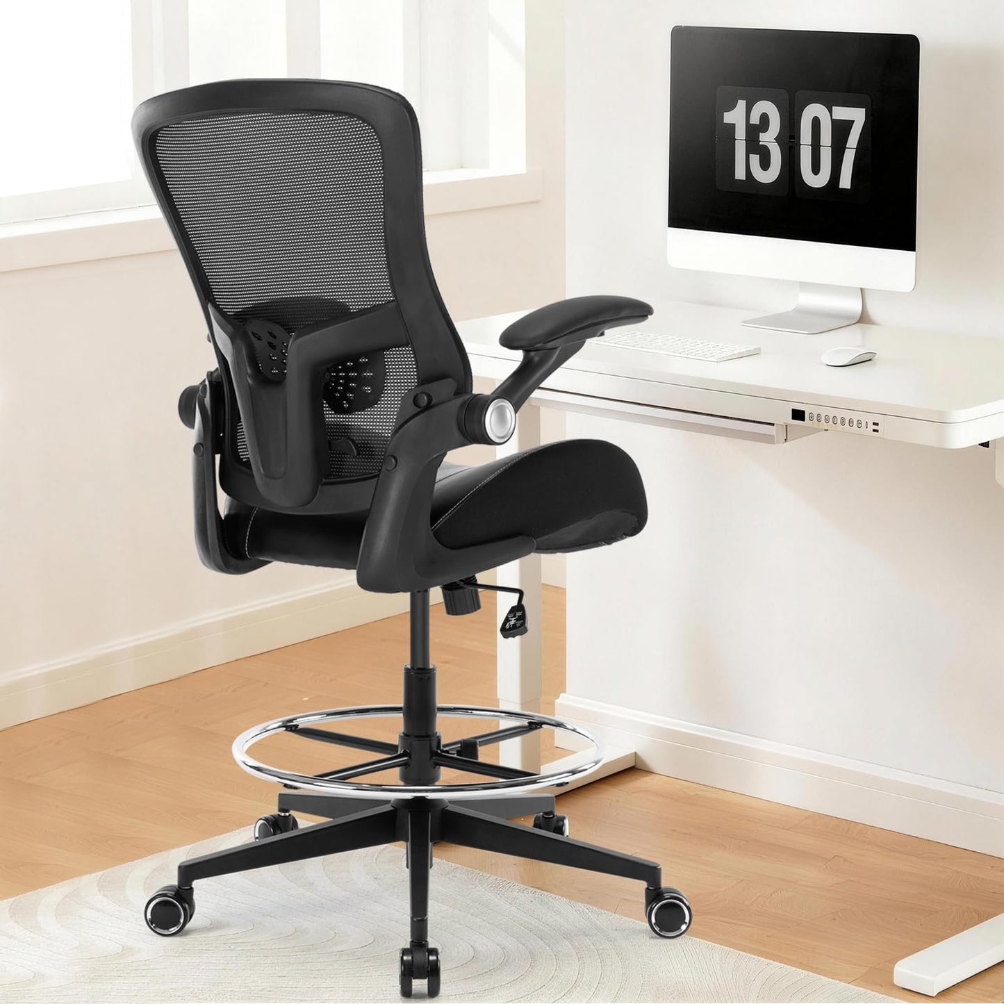 Drafting Chair, Tall Office Chair with PU Leather Seat, Standing Desk Chair Counter Height Office Chairs with 21.65'' Footrest Ring and Adjustable Lumbar Support Armrests Black