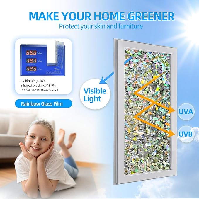 Rainbow Window Privacy Film - 3D Static Cling Sticker, Non-Adhesive Stained Glass Decals for Home Office - Privacy Protection & Decorative Vinyl (Rainbow, 23.6 x 118Inch)