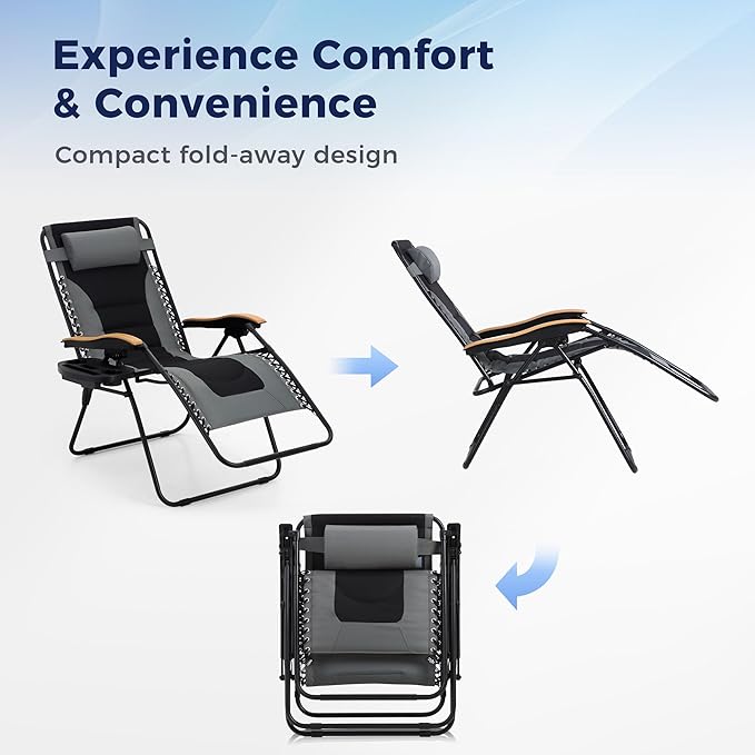 MAISON ARTS Oversized XXL Zero Gravity Chair Set of 2, 30" Wide Seat Padded Foldable Recliner, Anti Gravity Outdoor Lawn Chair for Poolside/Backyard/Beach, Supports 400lbs, Grey