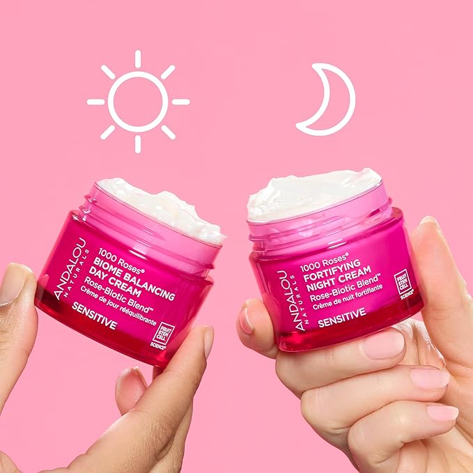 Andalou Naturals 1000 Roses Skin Biome Balancing Day Cream - Lightweight Face Moisturizer with Alpine Rose Stem Cells, Postbiotics - Soothing Hydration for Sensitive Skin - 1.7 Oz