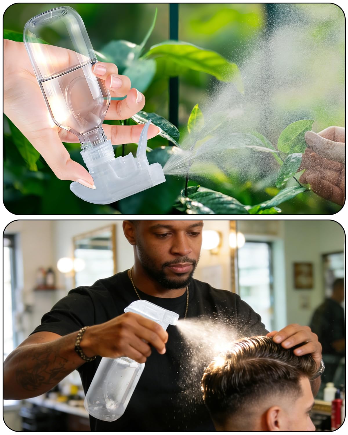 2 Pack 360° Spray Bottles, 10 oz Plastic Small Containers with Adjustable Spray Nozzles, Spray Bottles for Hair, Cleaning Solutions, BBQ and Plants Clear