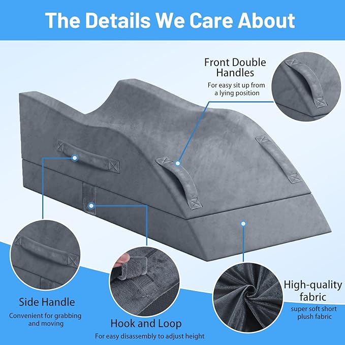 TranquilRelax Double Leg Elevation Pillows, Wedge Pillow for After Surgery, Memory Foam Support Adjustable, Comfort Care for Back Knee Hip Ankles Pain, Knee Pillow for Sleeping Blood Circulation Grey