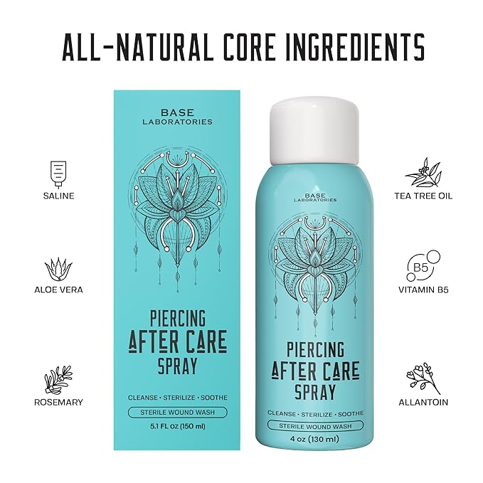 BASE LABORATORIES Piercing Aftercare Spray 4oz | Saline Spray for Piercings | Ear Piercing Cleaner | Saline Solution for Piercings | Keloid Bump Removal for Ears, Belly Nose Piercings - 2PK