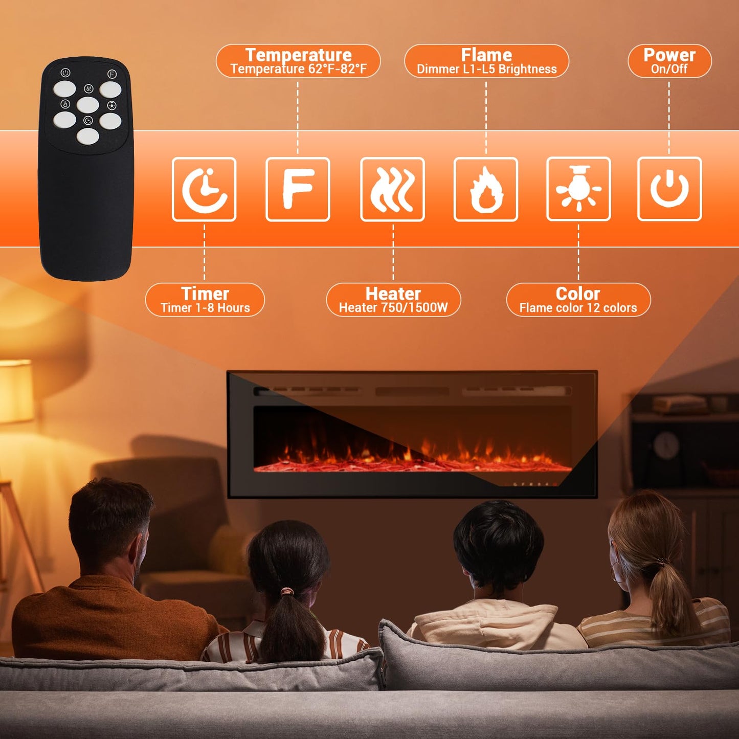 Takywep Electric Fireplace Insert, 50 Inch Wall-Mounted or Recessed with Timer, 5120 BTU Heat, 12 Flame Colors