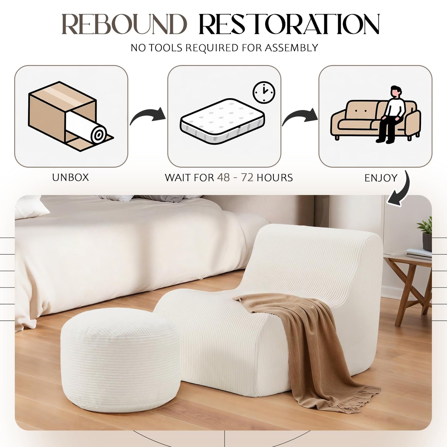 Bean Bag Chair, Ergonomic Bean Bag Sofa with Soft Fabric, Bean Bag Chairs for Adults & Kids, Ideal Lounge Chair for Living Room, Gaming, Reading, White