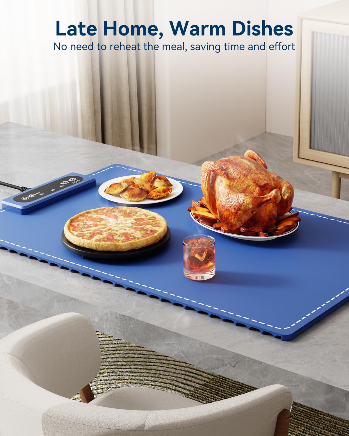 Negative ion Food Warming Mat with Adjustable Temperature,Foldable Electric Warming Tray for Parties Features 3 Modes & Fast Heating,Roll Up Food Warmer for Parties,Shabbat,Christmas (Blue)