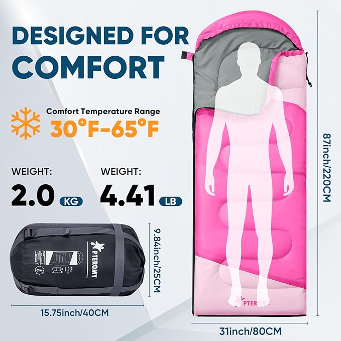 PTEROMY Sleeping Bags for Adults, Lightweight and Machine Washable, Water Resistant Backpacking Camping Sleeping Bag for Warm Cold Weather, Camping Essentials for Hiking Travel