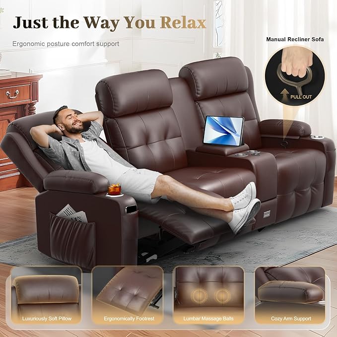 Recliner Sofa, 3 Sets of Massage Reclining 3 Seater Sofa Sets Heavy Weight Capacity, RV Loveseat Couch Clearance with Console, USB, Type C Port, Storage, Cup Holders, Wall Hugger Chair for Living Room