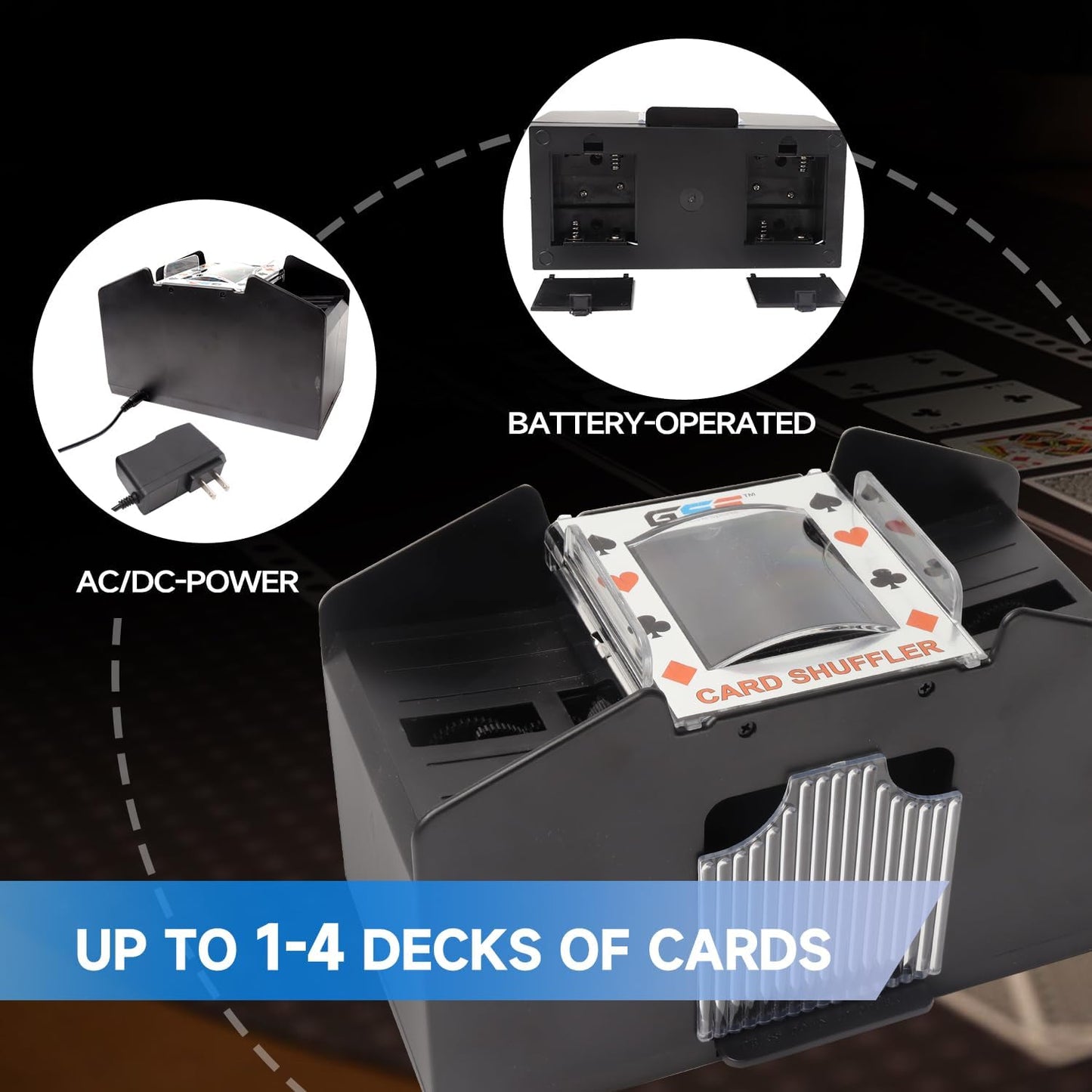 GSE Games & Sports Expert 4-Deck Automatic Card Shuffler, AC/DC-Power & Battery-Operated Shuffler Machines for Playing Cards, Blackjack, Texas Hold'em, Canasta, Bridge, UNO