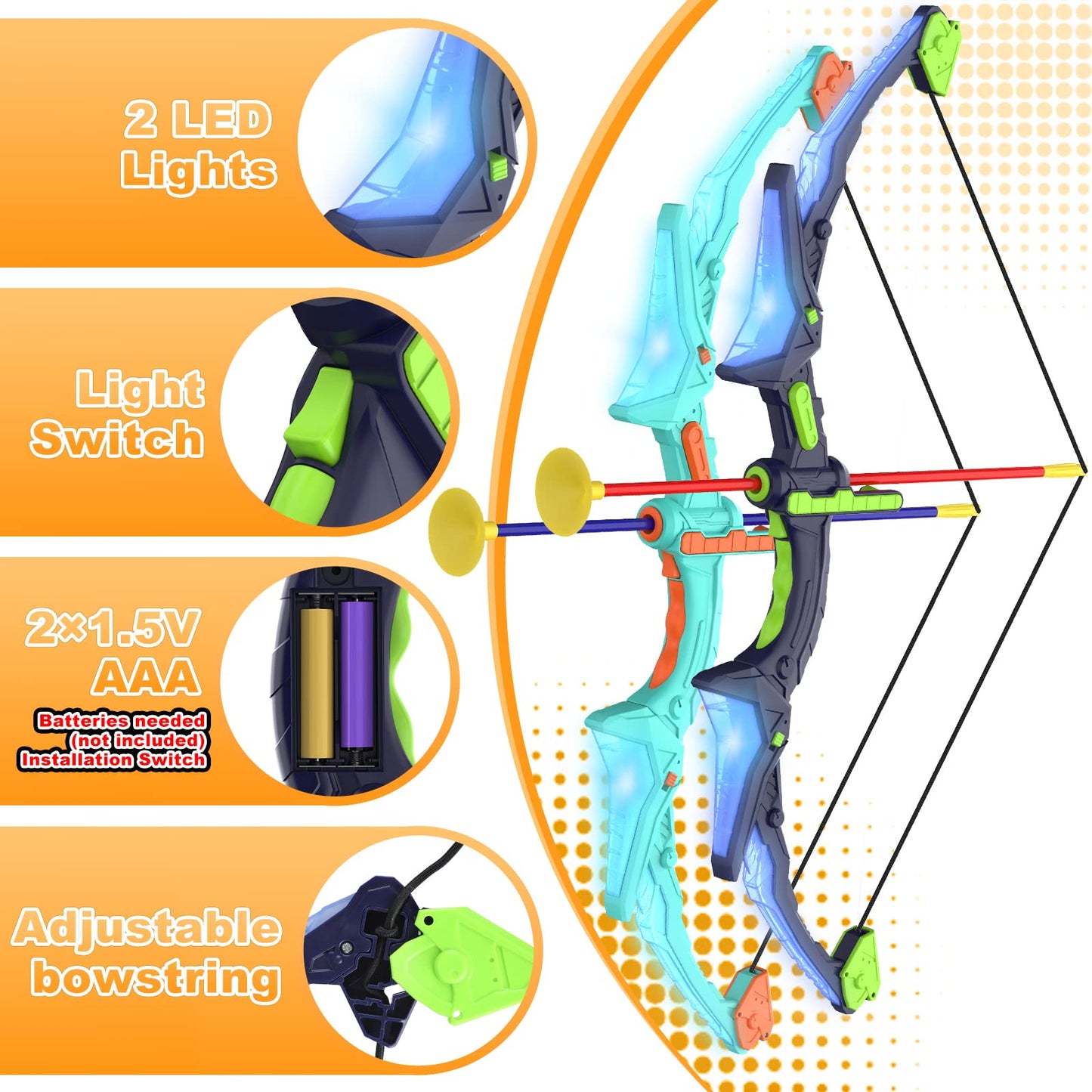 Kmuxilal 2 Pack Kids Bow and Arrow Set with LED Flash Lights, 14 Suction Cup Arrows and Fluorescence Standing Target-Perfect Indoor and Outdoor Game Archery Set Toy Gift for 4 5 6 7 8-12 Year Old Boys