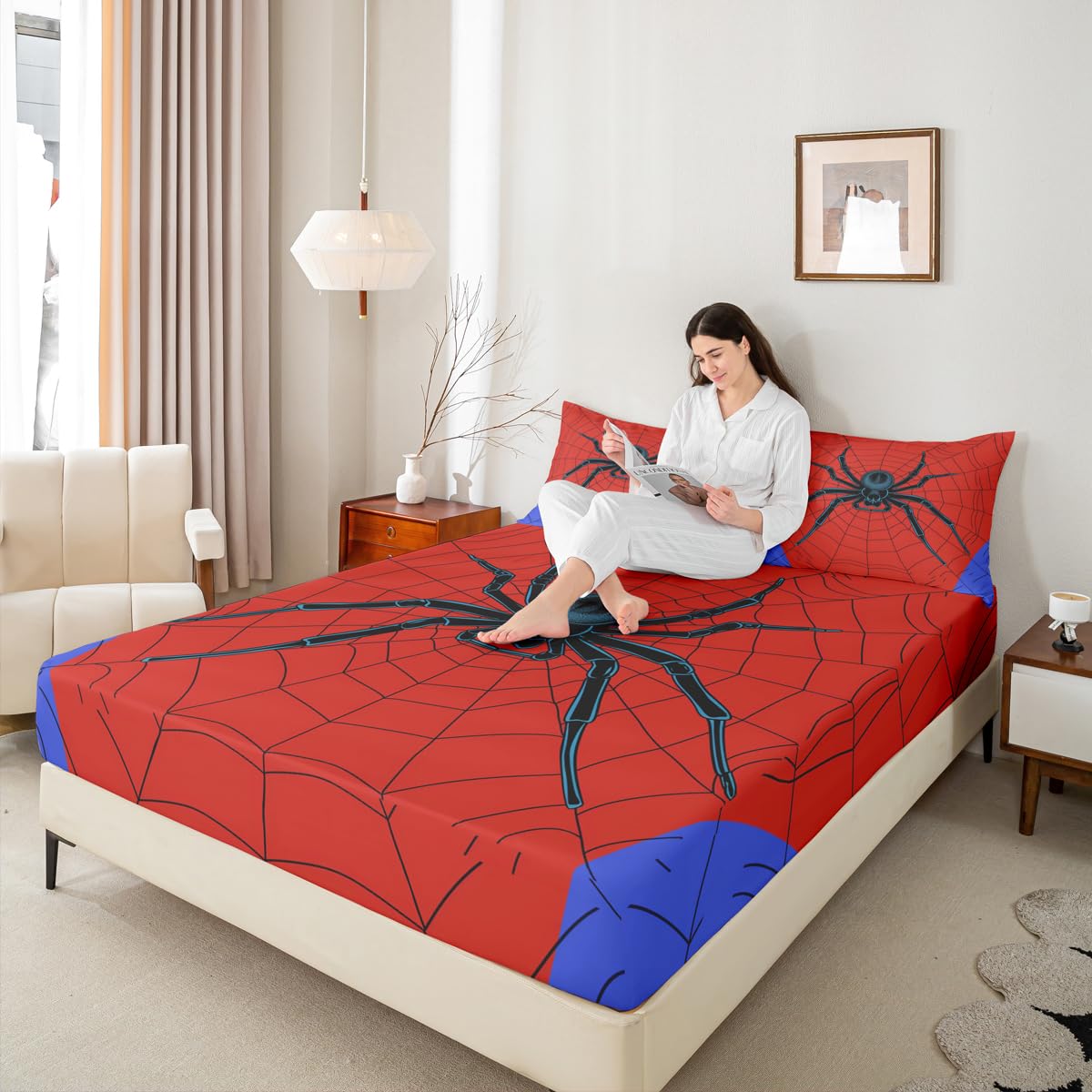 Spider Web Kids Sheet Queen Size,Black Spider Arachnid Insect Animals Bedding Set,Boys Girls Women Men Room Decor,Happy Halloween Red Blue Fashion Bed Sheet Set 4pcs(Fitted + Flat + 2 Pillowcases)