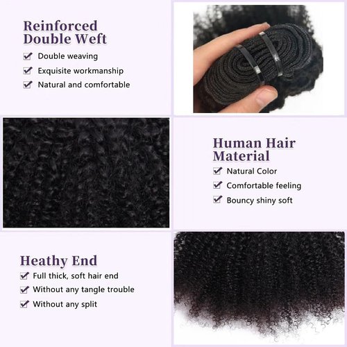 Mongolian Afro Kinky Curly Human Hair 3 Bundles (16 16 16 Inch) Afro Curly Weave Hair Extensions for Black Women Unprocessed Virgin Hair Afro Kinky Human Hair Bundles Natural Color