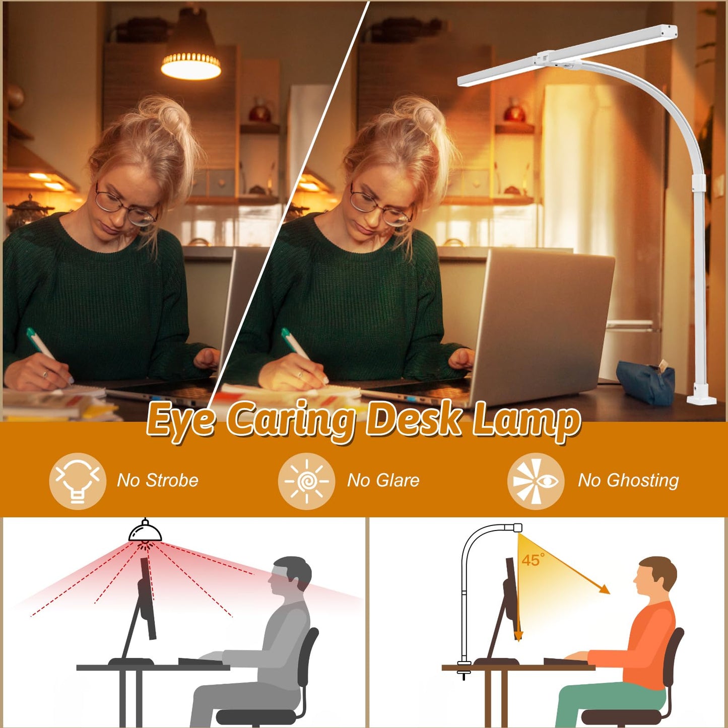 MACASA Double Head LED Desk Lamp with Remote Control for Home Office 24W Brightest Computer Desk Light for Workbench Drafting Architect Study Reading with Anti-Glare Cover