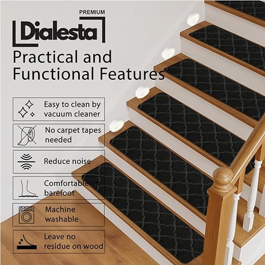 Stair Treads for Wooden Steps Indoor, Includes 15 Non-Slip Carpet Mat 8x30in with 5 Motion Sensor Lamps, Peel & Stick Carpet Stair Treads,Safety Stair Rugs for Kids, Elderly and Pets (Black)