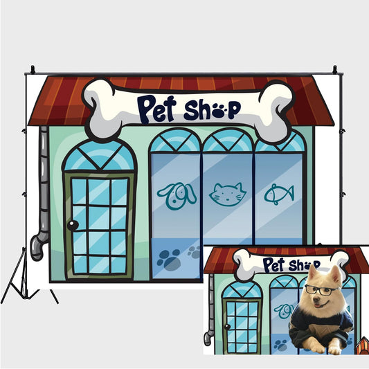 8X6Ft Cartoon Pet Shop Backdrop Pet Shop Storefront Backdrops For Girl Boy 1St Birthday Party Photography Background School Play