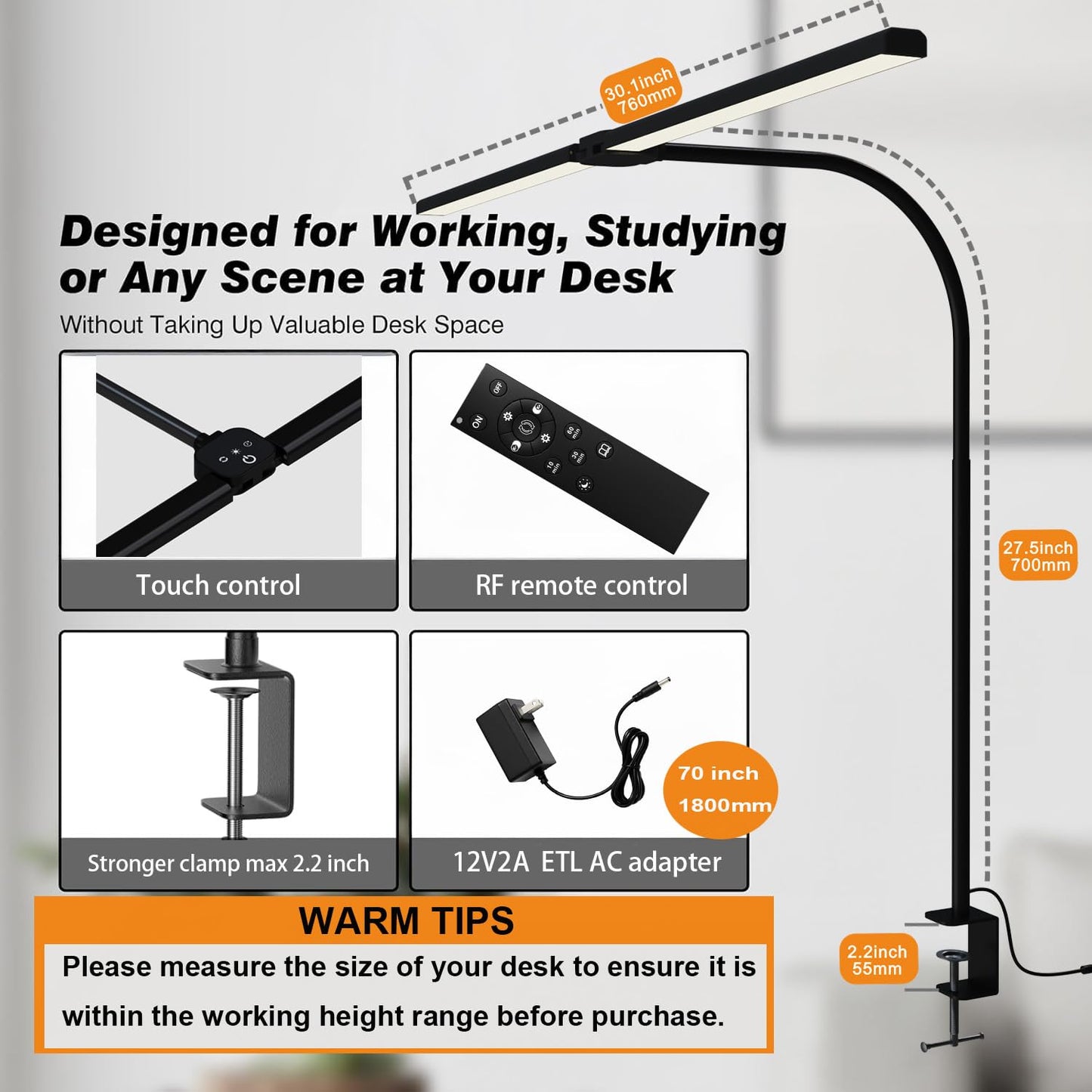 LED Desk Lamp for Home Office, Eye Caring Architect Desk Light with Clamp,50 Lighting Models,Remote and Touch Control,24W 2000LM,Memory Function and Timer for Study, Reading,Workbench Black