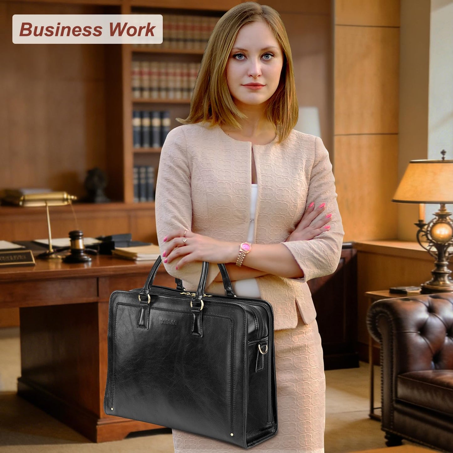 Premium Italian Full Grain Leather Briefcase for Women 15.6 Inch Laptop Bag Office Work Business Travel with Luggage Strap and Detachable Shoulder Strap Black