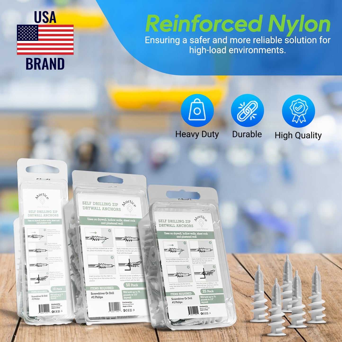 Reinforced Nylon 66 Drywall Anchors 90lb Limit, Self Drilling, Home Improvement Value Pack for Home Projects & Picture Hanging Kit, 25 Plastic Dry Wall Expansion Anchors and 25 Sheetrock Screws
