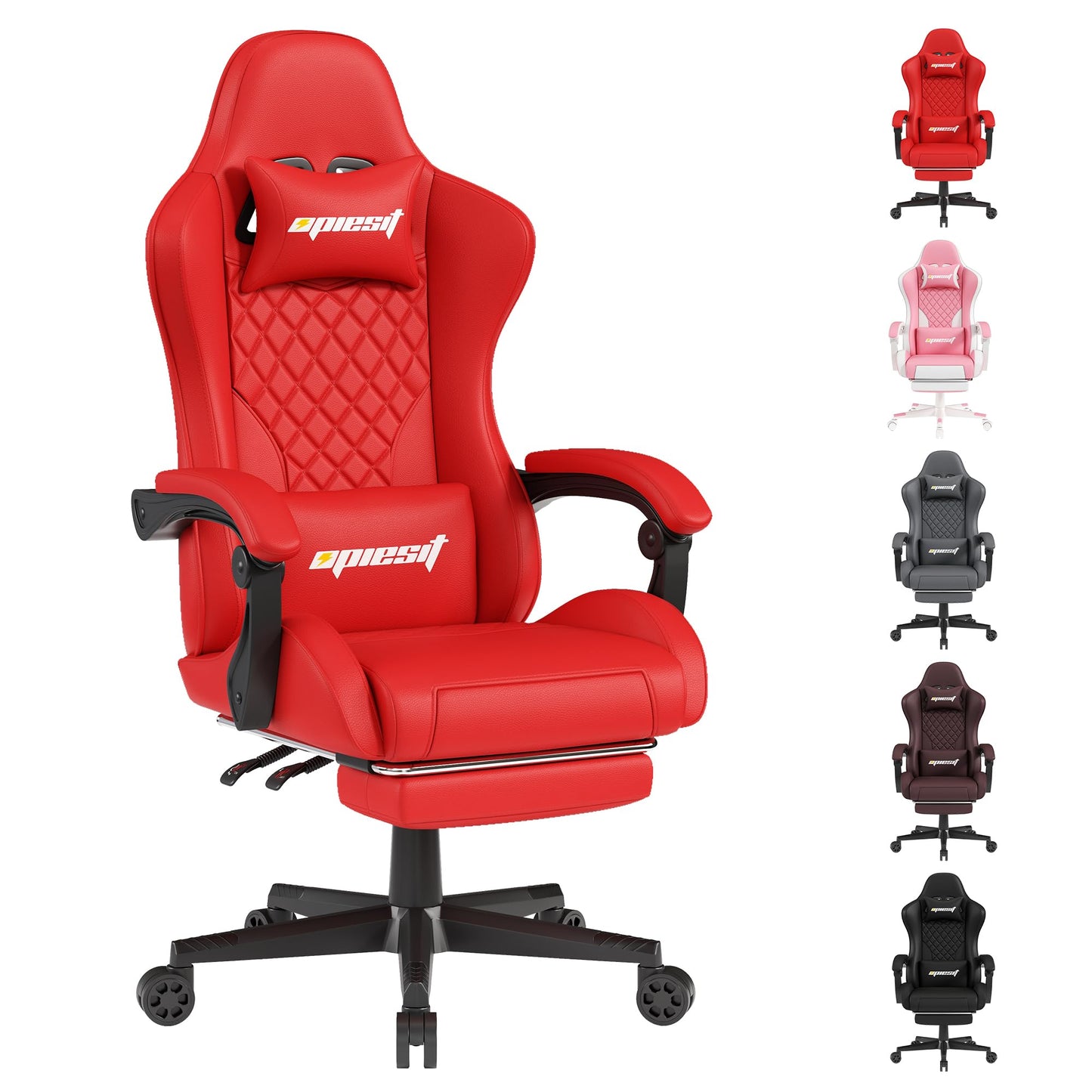 Opiesit Gaming Chair for Adults, Ergonomic Office Computer Chairs with Pocket Spring Cushion, PU Breathable Materials Video Game Chair, Linkage Armrest and Footrest Game Chairs Red