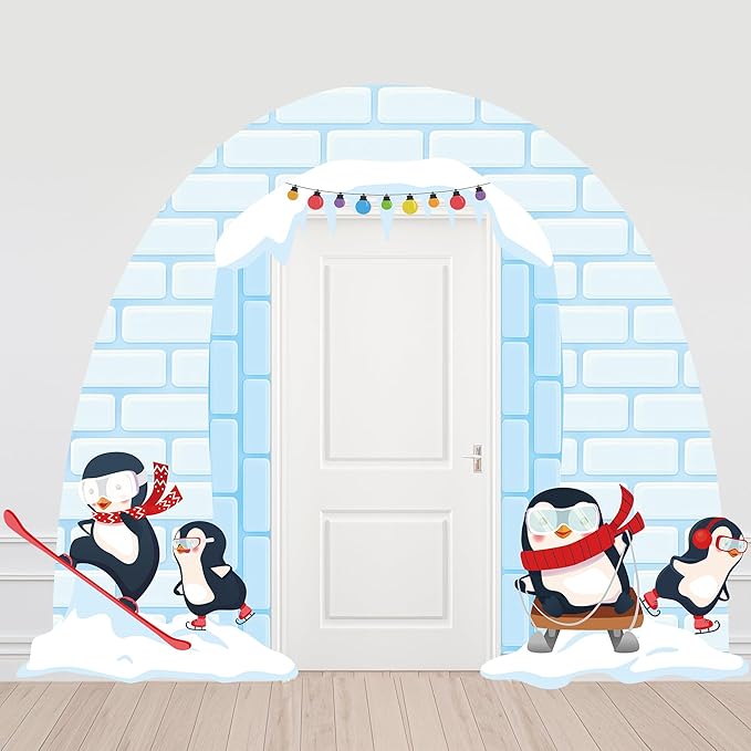 Winter Party Porch Banner Penguin Photo Booth Props for Parties Igloo Hanging Door Banner Backdrop with Winter Photograph ...