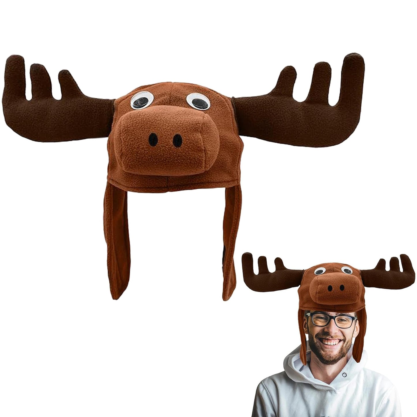 Nicky Bigs Novelties Funny Hats for Men & Adults Moose Hat with Stuffed Animal and Wacky Eyes, Moose Antlers Headband Hilarious Animal Hat for Cosplay, Halloween Costume, Party Accessory