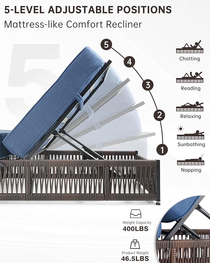 ACTREST Luxury Outdoor Chaise Lounges with 5 Inch Thickened Cushions - Set of 2 High Back Brown Wicker Patio Recliners Rattan Reclining Chairs Porch Poolside Pool Sunbathing Lounger - Navy Blue