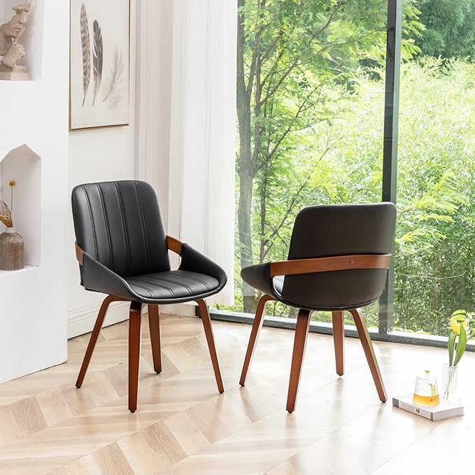 YOUUGIOR Mid Century Modern Faux Leather Upholstered Dining Chairs,Armless Accent Chairs with Sturdy Natural Wood Legs,Bamboo Backrest Support for Kitchen&Dining Room Chairs(Set of 2,Black PU)