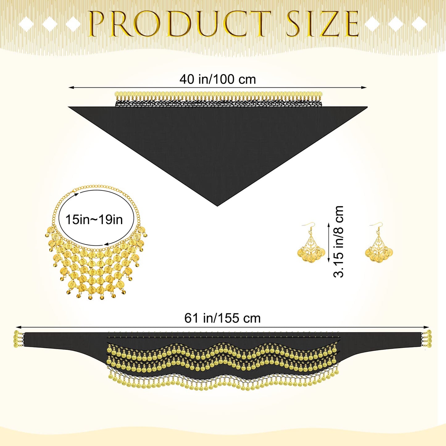Sureio 4 Pcs Women Gypsy Pirate Costume Accessories Belly Dance Head Scarf Earring Necklace Hip Scarf Jewelry(Black)